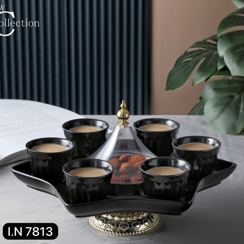 Elegant Arabic Coffee Server Set – 6 Cups with Central Snack Tray
