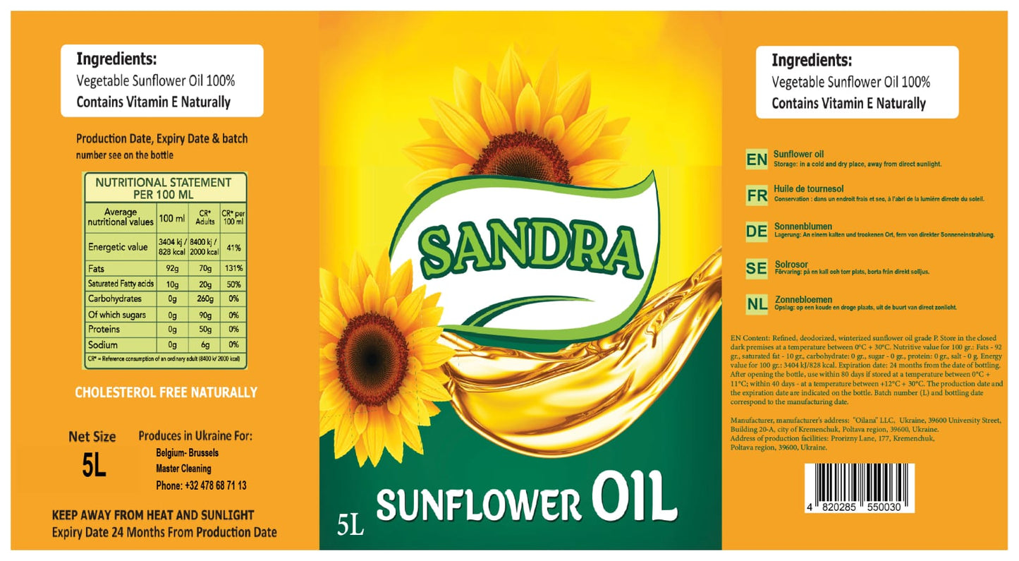 Sandra Sunflower Oil 5L, 1.32 GAL , 169 Oz – 100% Pure, Cholesterol Free