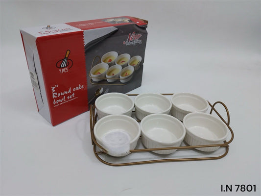 Round Ceramic Dessert Bowl Set with Metal Rack – 6 Pcs