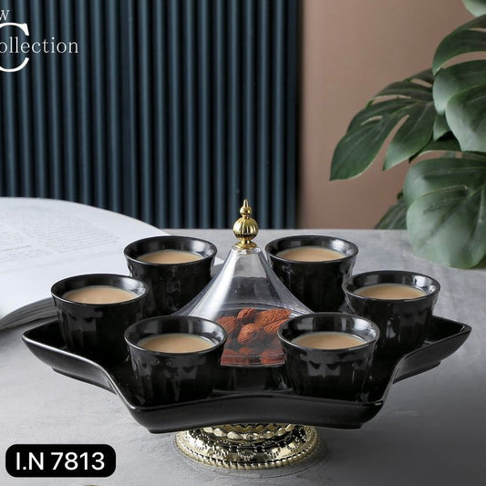 Elegant Arabic Coffee Server Set – 6 Cups with Central Snack Tray